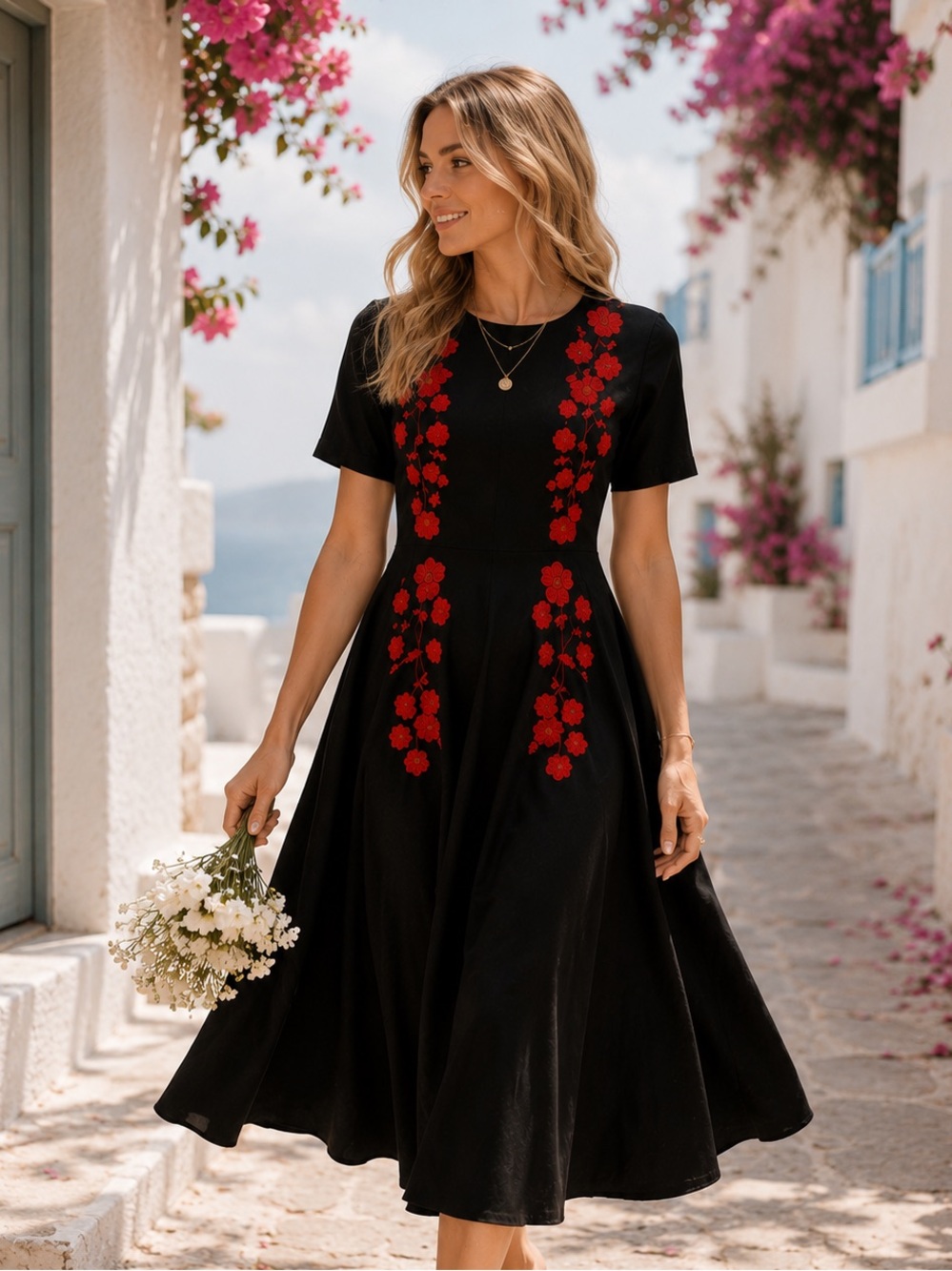 FANM MON Black Amaka Cotton Embroidered Midi Dress NWT XS
